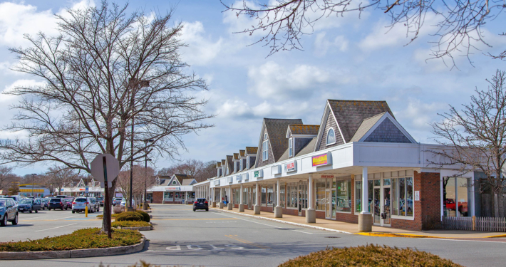 A small shopping plaza with various storefronts on a cloudy day. The architecture features peaked roofs. Leafless trees line the parking area, where several cars are parked. The scene conveys a quiet, suburban atmosphere.