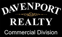 The image shows a logo with the text Davenport Realty Commercial Division in white on a black background. There is a decorative golden swirl between Davenport and Realty.